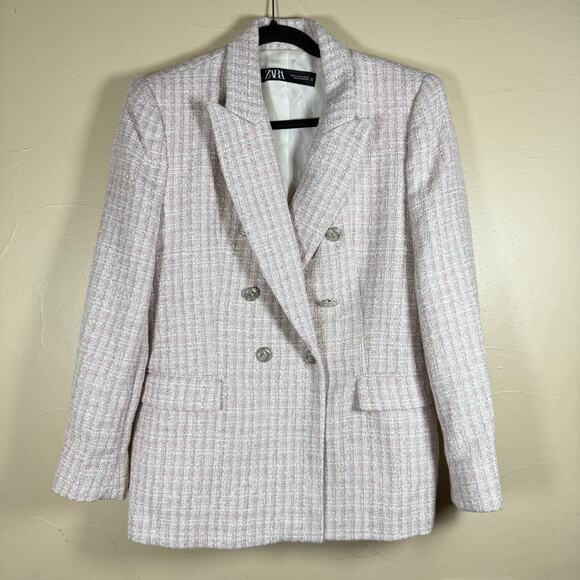 Zara Light Pink Tweed Textured Double Breasted Blazer sz XL - Picture 8 of 10